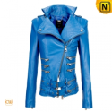 Women Blue Leather Motorcycle Jacket CW670012 - cwmalls.com