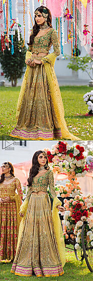 Perfect Mehndi Dress - Green Scalloped Blouse - Yellow Lehenga