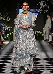Pakistani Steel Gray Wedding Anarkali Frock n Sage Lehenga for Bride