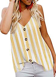 BLENCOT Women's Casual Striped Sleeveless Tops Button Down V Neck Loose Flowy Tank Tops Shirts and Blouses Yellow S