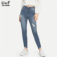 Dotfashion Blue Ripped Faded Wash Skinny Jeans Woman