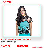 Ladies top - Blue Green Sleeveless with Black Floral Design