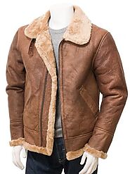 Men's Tan Faux Fur Flying Leather Jacket - Leather Jackets NZ