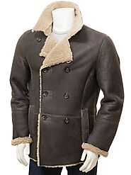 Men's Shearling Dark Brown Leather Peacoat - Leather Jackets NZ
