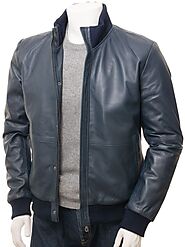 Men's Simple Blue Bomber Leather Jacket - Leather Jackets NZ