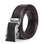 Men's Casual Automatic Buckle Genuine Brown Belt with Stripe Buckle 19