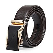 Men's Casual Automatic Buckle Genuine Brown Belt with Stripe Buckle 18