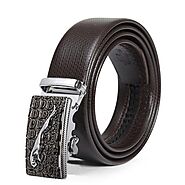 Men's Casual Automatic Buckle Genuine Brown Belt with Stripe Buckle 15