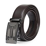 Men's Casual Automatic Buckle Genuine Brown Belt with Stripe Buckle 13