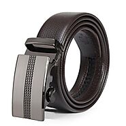 Men's Casual Automatic Buckle Genuine Brown Belt with Stripe Buckle 12