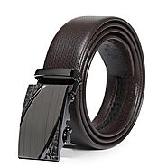 Men's Casual Automatic Buckle Genuine Brown Belt with Stripe Buckle 11