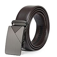 Men's Casual Automatic Buckle Genuine Brown Belt with Stripe Buckle 08