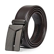 Men's Casual Automatic Buckle Genuine Brown Belt with Stripe Buckle 05