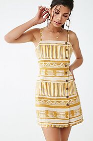 50% Less !! Buy Mustard Tribal-Inspired Print Linen Dress for Women