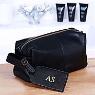 Personalised Luggage Tag And Faux Leather Wash Bag Set In Black