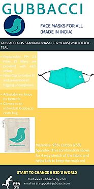 Gubbacci Standard Children Kids Face Mask (5-12 Years) with Filter - Teal