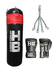 Hard Bodies Combo 10-A Synthetic Leather Punching Bag- Black - Filled + Boxing Gloves +Heavy Chain
