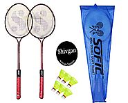 Shivgan Sofic Double Shaft Badminton Racket Set of 2 with 6 Pieces Nylon shuttles with Cover