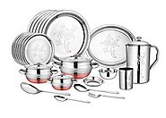 CROCKERY WALA AND COMPANY Laser Finish Stainless Steel Dinner Set, 63 Pieces, Silver