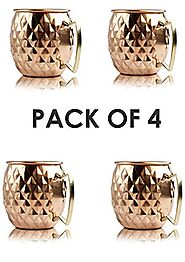 Home n More Pure Copper Moscow Mule Mug Set- Pack of 4 l Diamond Design l 500 ML Capacity of Each Mugl Drink Ware l B...