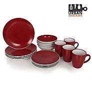 Buy Urban Snackers, 16-Piece Kitchen Dinnerware Set in Red Color, Includes 4 Dinner Plates, 4 Plates, 4 Bowls and 4 M...