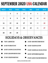 Download September 2020 Calendar with Holidays US