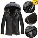 Mens Black Hooded Sheepskin Leather Coat CW868866