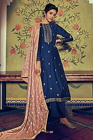 Buy Royal Blue Party Wear Salwar Suit In Pure Banarasi Silk Weave Online | Like A Diva