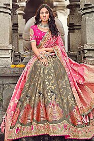 Grey and Pink Banarasi Silk Designer Wedding Lehanga