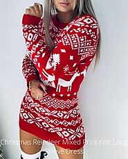 Christmas Reindeer Mixed Print Knit Long Sleeve Dress