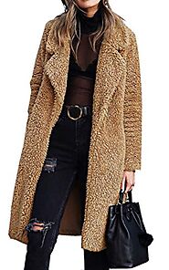 Angashion Women's Fuzzy Fleece Lapel Open Front Long Cardigan Coat Faux Fur Warm Winter Outwear Jackets with Pockets ...