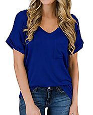 PrinStory Women's Casual Tops Short Sleeve V-Neck Shirts Loose Blouse Basic Tee T-Shirt Royal Blue US M