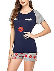 Ekouaer Women's Pajamas Red Lip Print Sleepwear Cute 2 Piece Loungewear Top and Shorts Pajama Set Navy Blue M