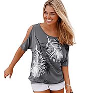 US $3.37 15% OFF|Slit Sleeve Cold Shoulder Feather Print Women Casual Summer T Shirt Girl 2016 Tee Tshirt Loose Top T...