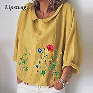 US $10.42 30% OFF|Women Casual Linen Cotton Blouse Shirt Elegant Daisy Print Long Sleeve Female Tops Autumn Turn down...