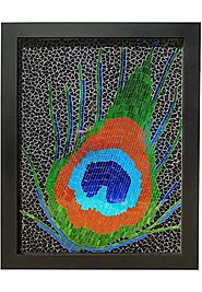 Large Glass Mosaic Wall Art Framed Artwork Feathers for Home Decor Living Room, Bedroom & Office