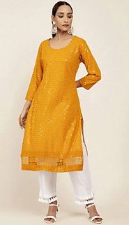 Buy Mustard Yellow Rayon Kurta With Embroidered Designs for Women