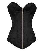 Black Brocade Gothic Burlesque LONGLINE Corset Waist Training Zipper Opening Top