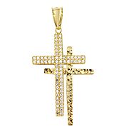 Polished 14K Gold Double Cross Crucifix Charm Pendant with Cubic Zirconia