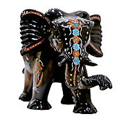 Black Marble Multicolored Semi-precious Stone Inlaid Elephant