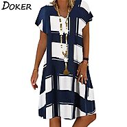 US $12.99 50% OFF|Summer Lattice Print Casual Dress Women's V neck Short Sleeve Vintage Dresses For Women Plus Size B...