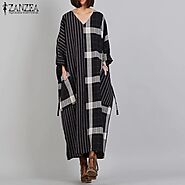 US $13.85 42% OFF|M 5XL ZANZEA Women Casual V Neck Sundress Spring Long Sleeve Patchwork Dress Fashion Check Striped ...