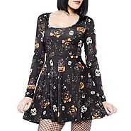 US $9.35 40% OFF|Women Halloween Vampire Skull Print Casual Long Sleeve Swing Mini Dress Halloween Party Vestidos SJ3...