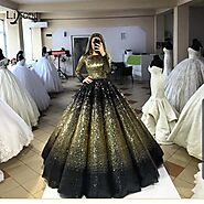 US $245.65 15% OFF|Bling Bling Gold Black Puffy Sequined Prom Dresses High Collar Full Sleeves Muslim Long Prom Gowns...