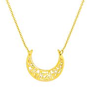 Gold Crescent Moon Necklace | 14K Gold | Sideways Floral Pattern