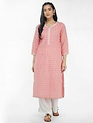 Women's Pink 44" Below Knees 3/4 Sleeve Chicken Cotton Kurta With Plazo