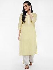 Women's Yellow 44" Below Knees 3/4 Sleeve Chicken Cotton Kurta With Plazo