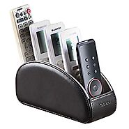 All-in-One Leather TV Remote Control Holder Black with 5 Compartments Nightstand Desktop DVD Media Player Remote Cadd...