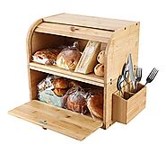 TQVAI Natural Bamboo 2 Layer Bread Storage Box Roll Top Food Can Rack Organizer with Silverware Basket - Detachable D...
