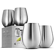 Stainless Steel Unbreakable Wine Glasses - 18 Ounce Set of 4 Wine glasses. Premium Grade 18/8 Stainless Steel Red & W...